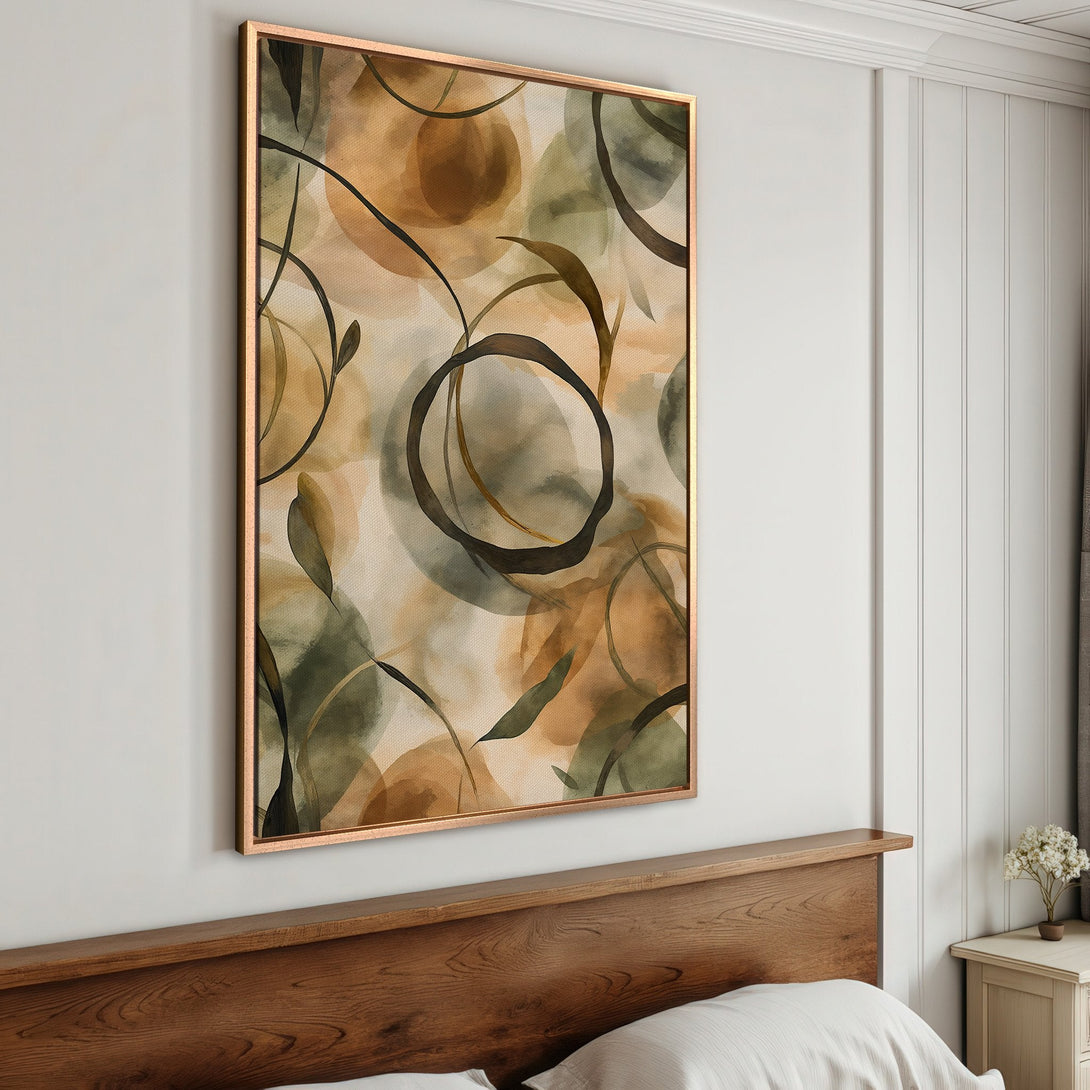 Framed Wall Art: Abstract watercolor art in earthy tones. Modern canvas print with botanical design in greens and browns, perfect for bedroom decor.
