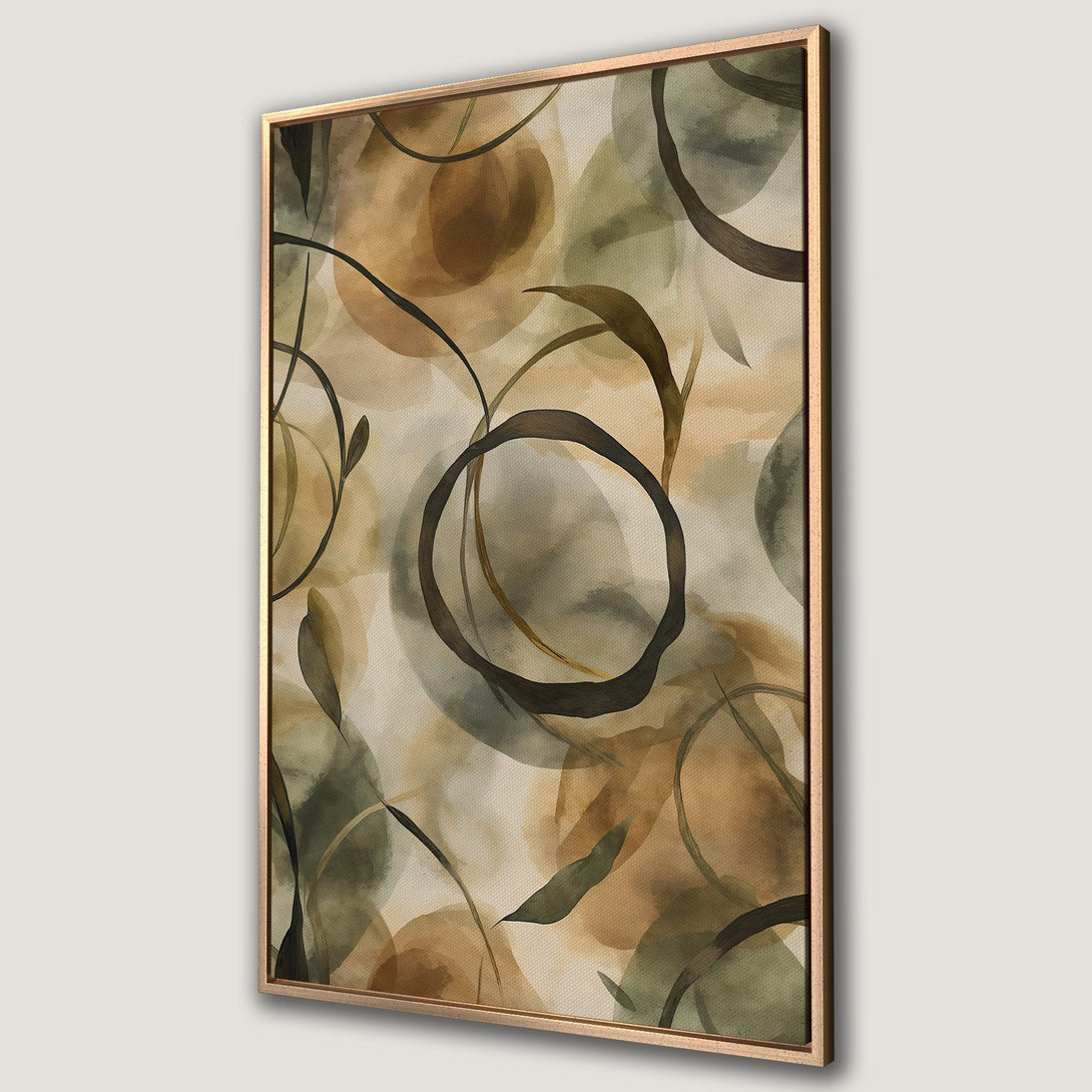 Framed Wall Art featuring an abstract watercolor design in earthy tones of green, brown, and beige. Modern art perfect for any interior.