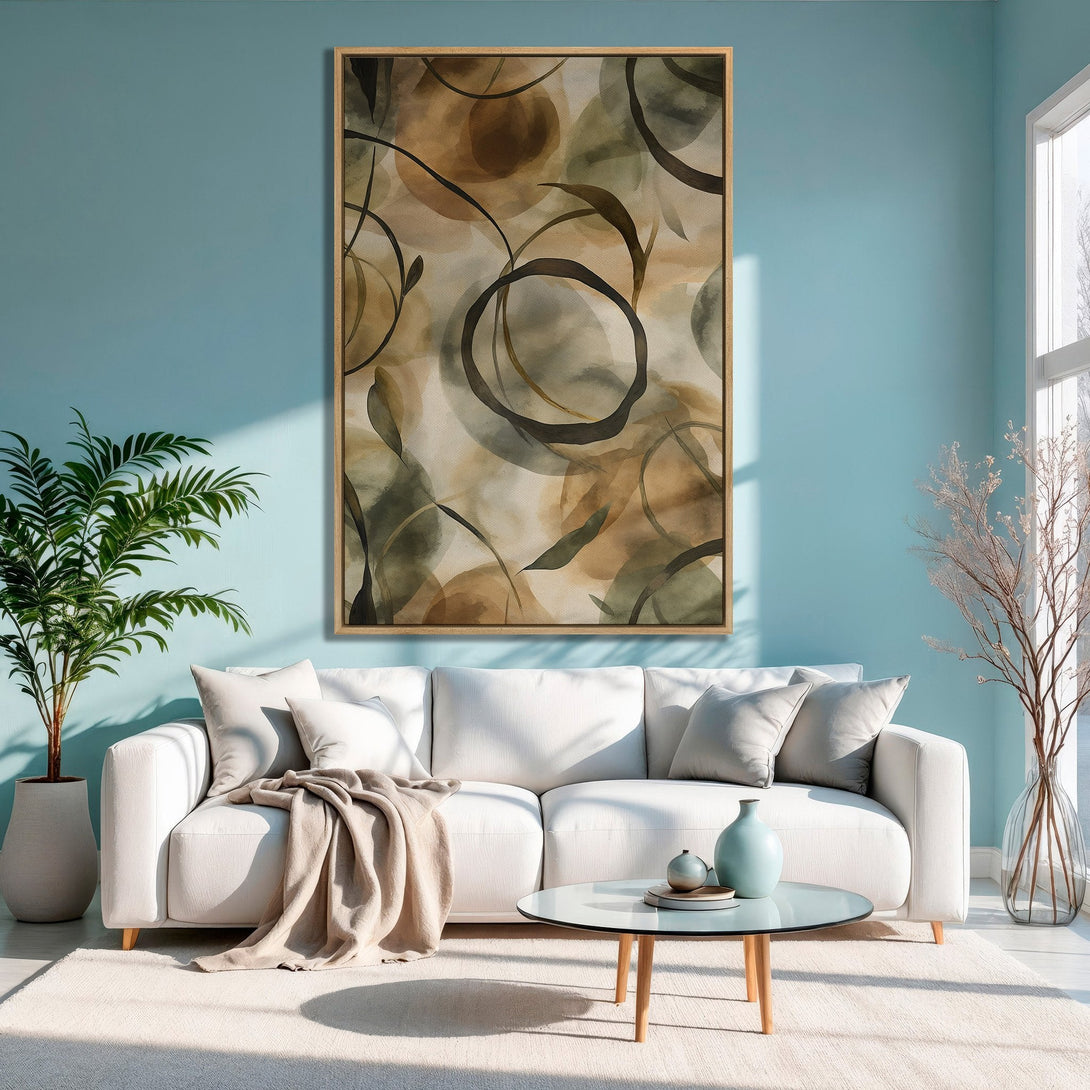 Abstract Canvas Print in neutral tones, perfect for modern living room decor. Earthy palette of browns and greens adds a touch of nature.