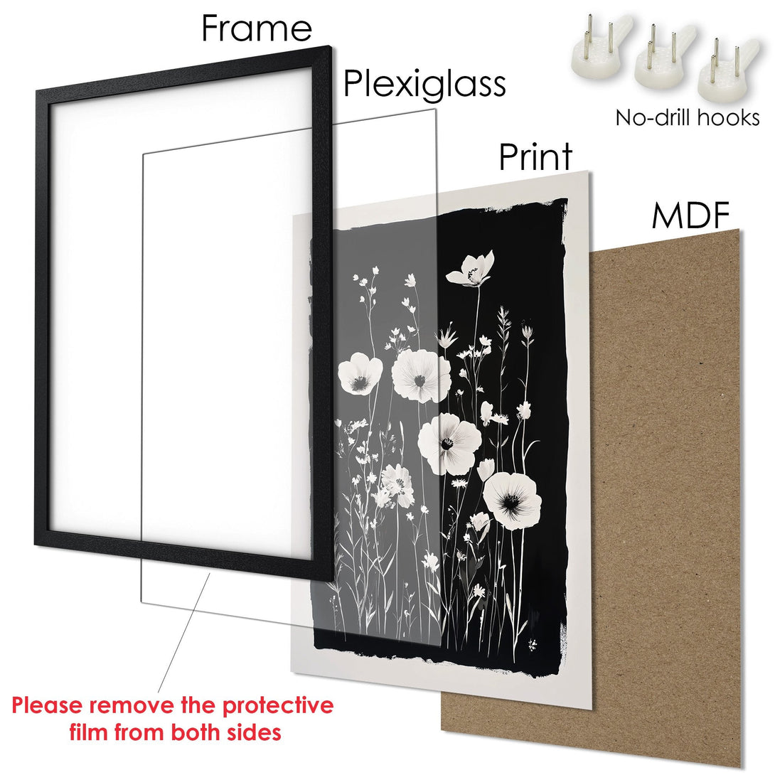 Framed Poster featuring a floral design in a black and white color palette, perfect for modern decor.