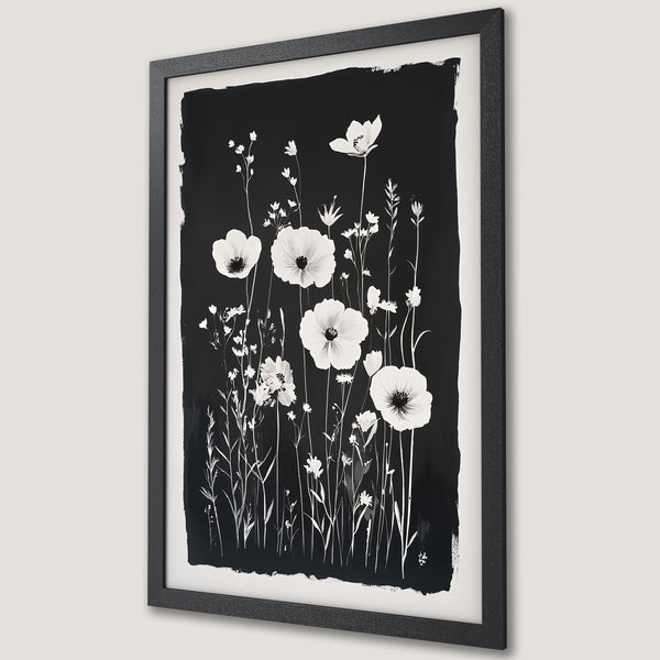 Framed Poster featuring elegant white floral art on a black background. Modern, minimalist style, monochrome color palette. Perfect wall art!