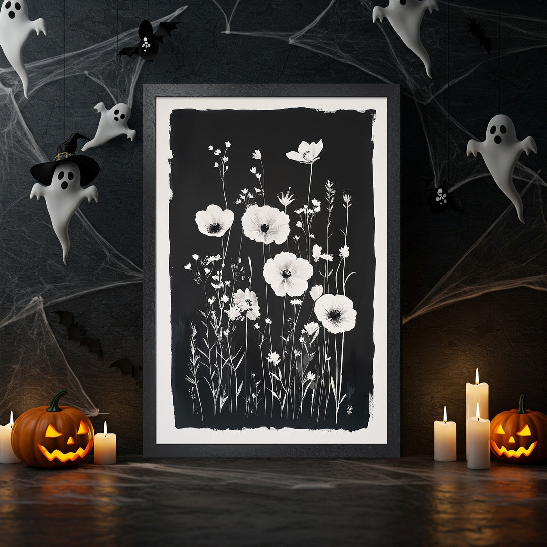 Framed Poster featuring a floral design in black and white, perfect for Halloween decor. Minimalist style, monochrome color palette.
