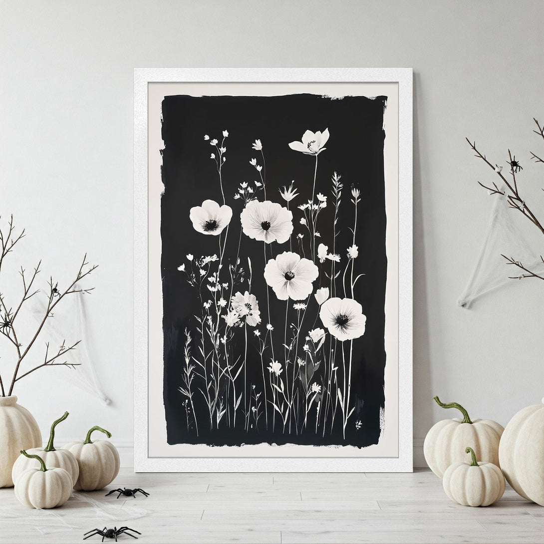Framed Poster featuring a black and white floral design. Modern style with a monochrome color palette. Perfect for home decor.