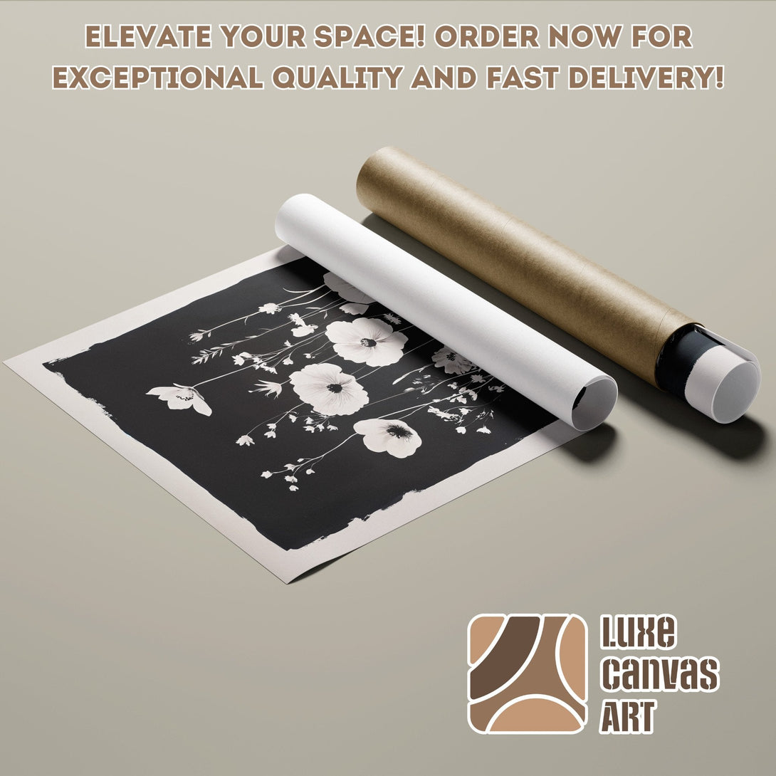 Black and white floral Poster Roll, minimalist style, neutral color palette. Elevate your space!