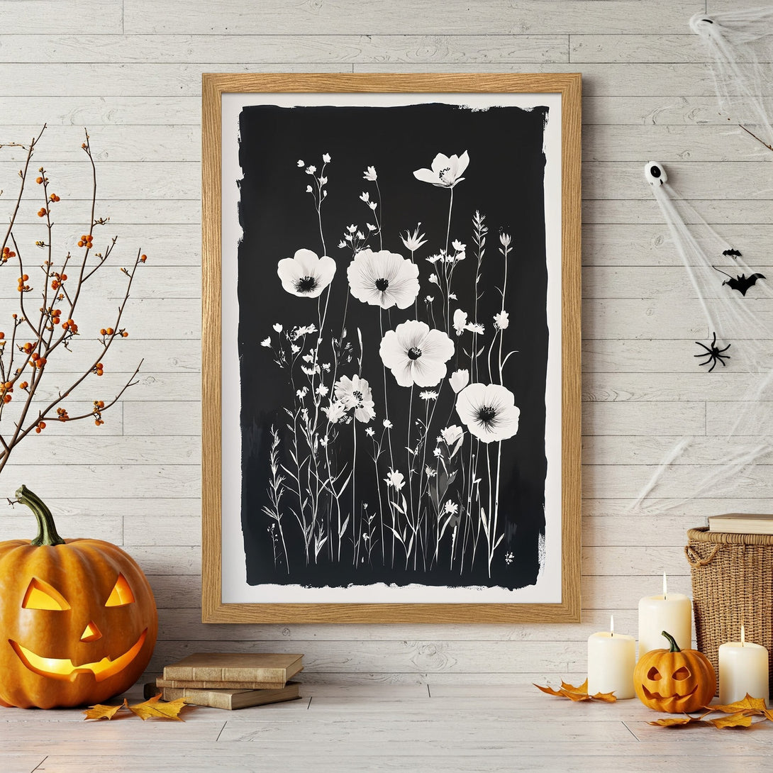 Framed Poster featuring black and white floral art, perfect for Halloween decor. Modern style with a monochromatic color palette.