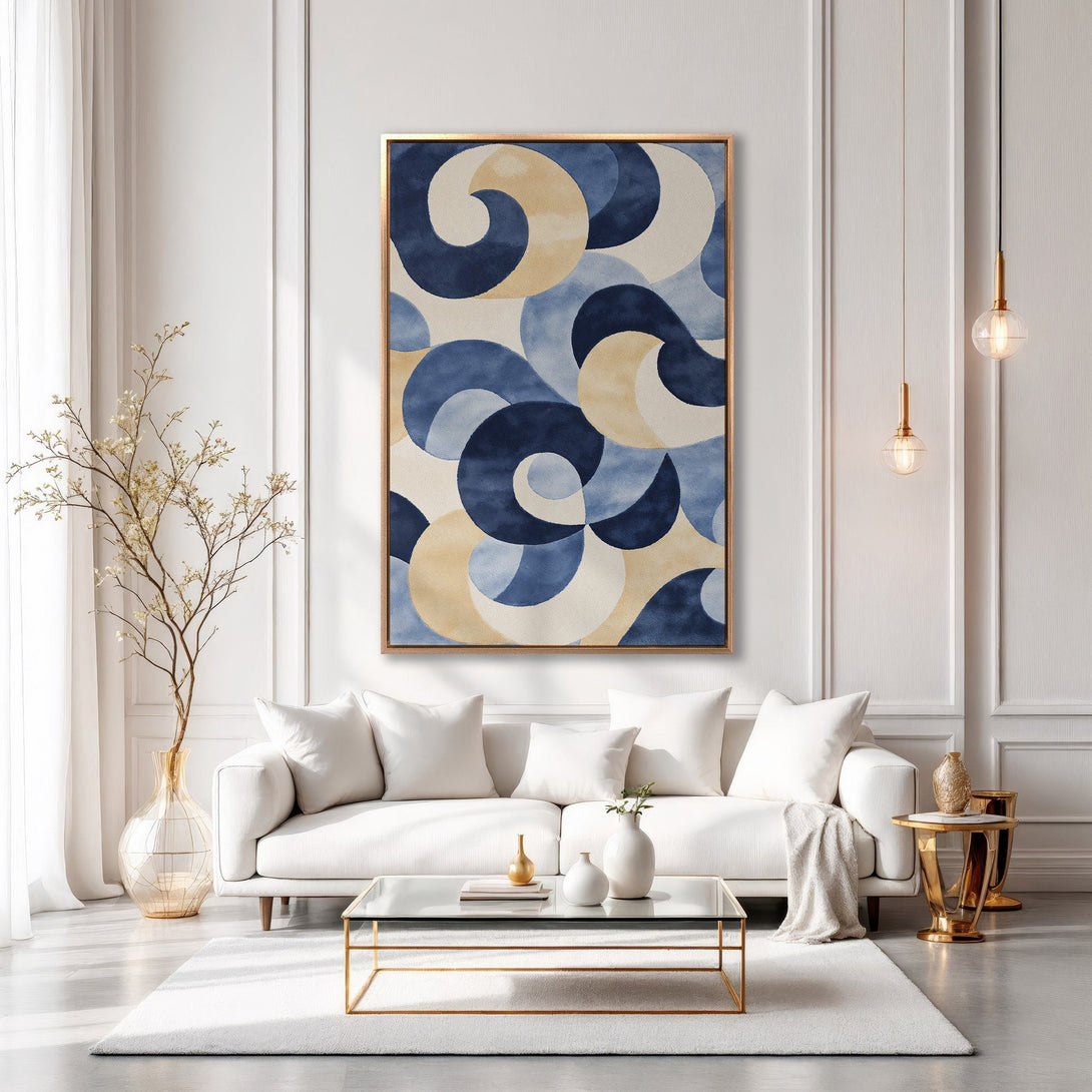 Framed Wall Art featuring abstract blue and beige watercolor design. Modern art for living room decor. Adds a touch of elegance to any space.