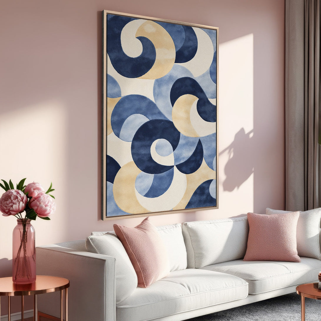 Framed Wall Art featuring an abstract blue and beige design. Modern art canvas print in a stylish interior with a pink and neutral color palette.