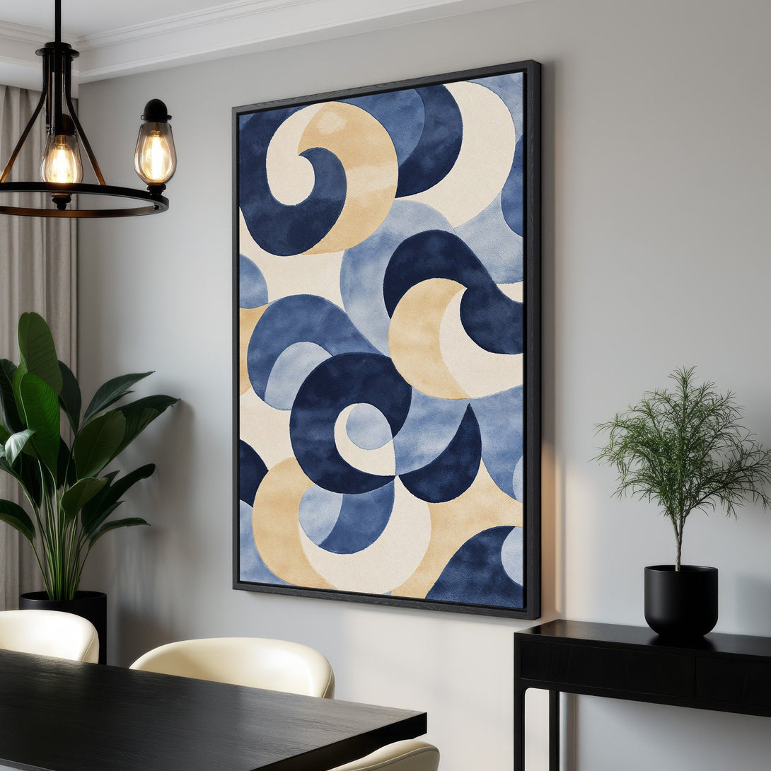 Framed Wall Art featuring abstract blue and beige watercolor design. Modern canvas print adds a touch of elegance to any interior space.
