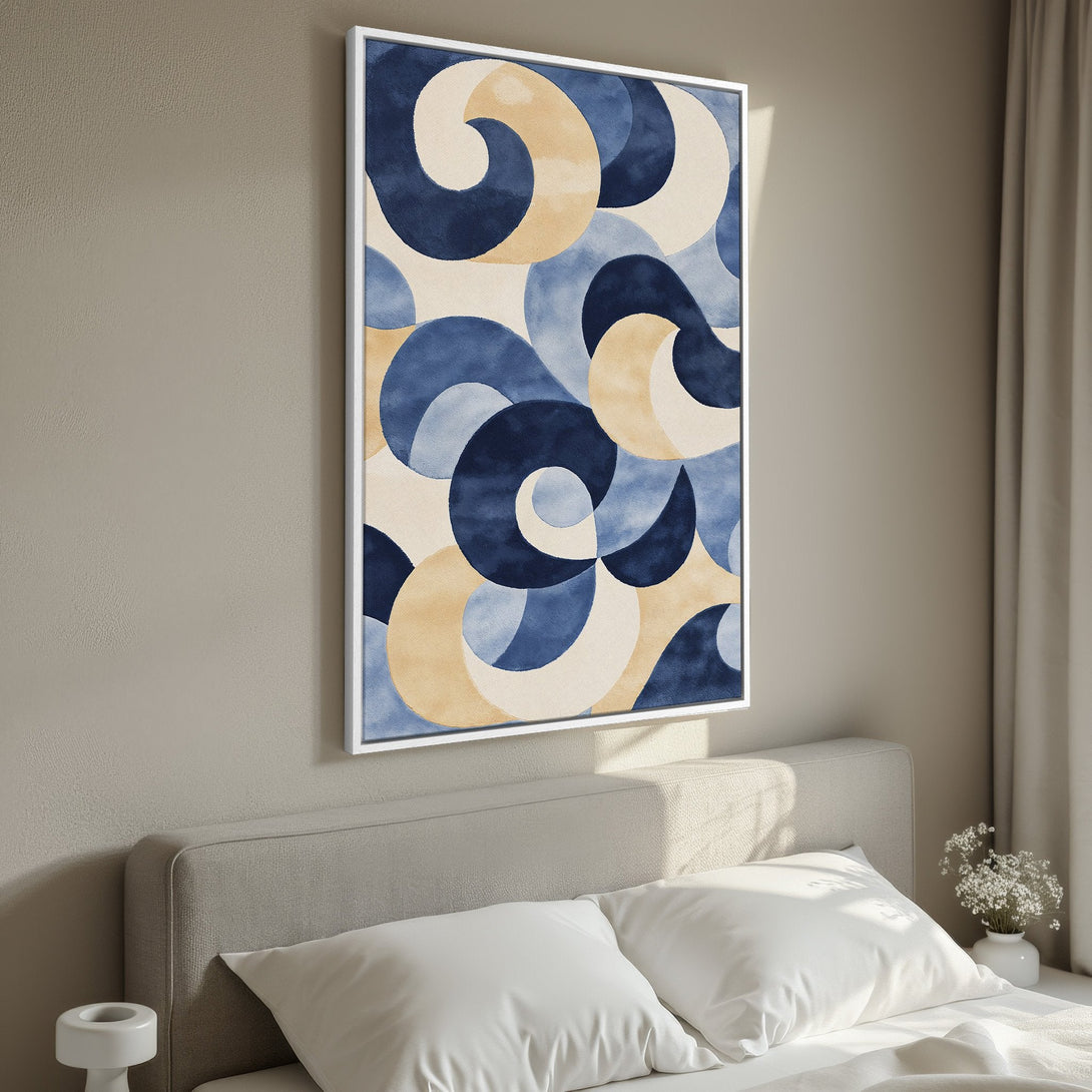 Framed Wall Art featuring abstract blue and beige watercolor design. Modern canvas print adds a touch of elegance to any bedroom decor. Shop now!