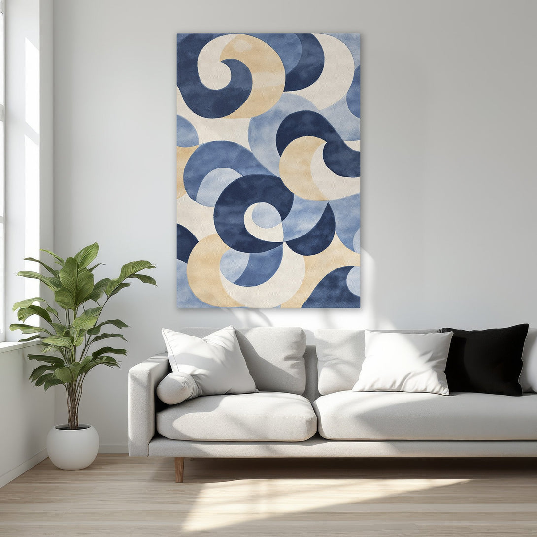 Framed Wall Art featuring an abstract blue and beige watercolor design, perfect for adding modern elegance to your bedroom decor.