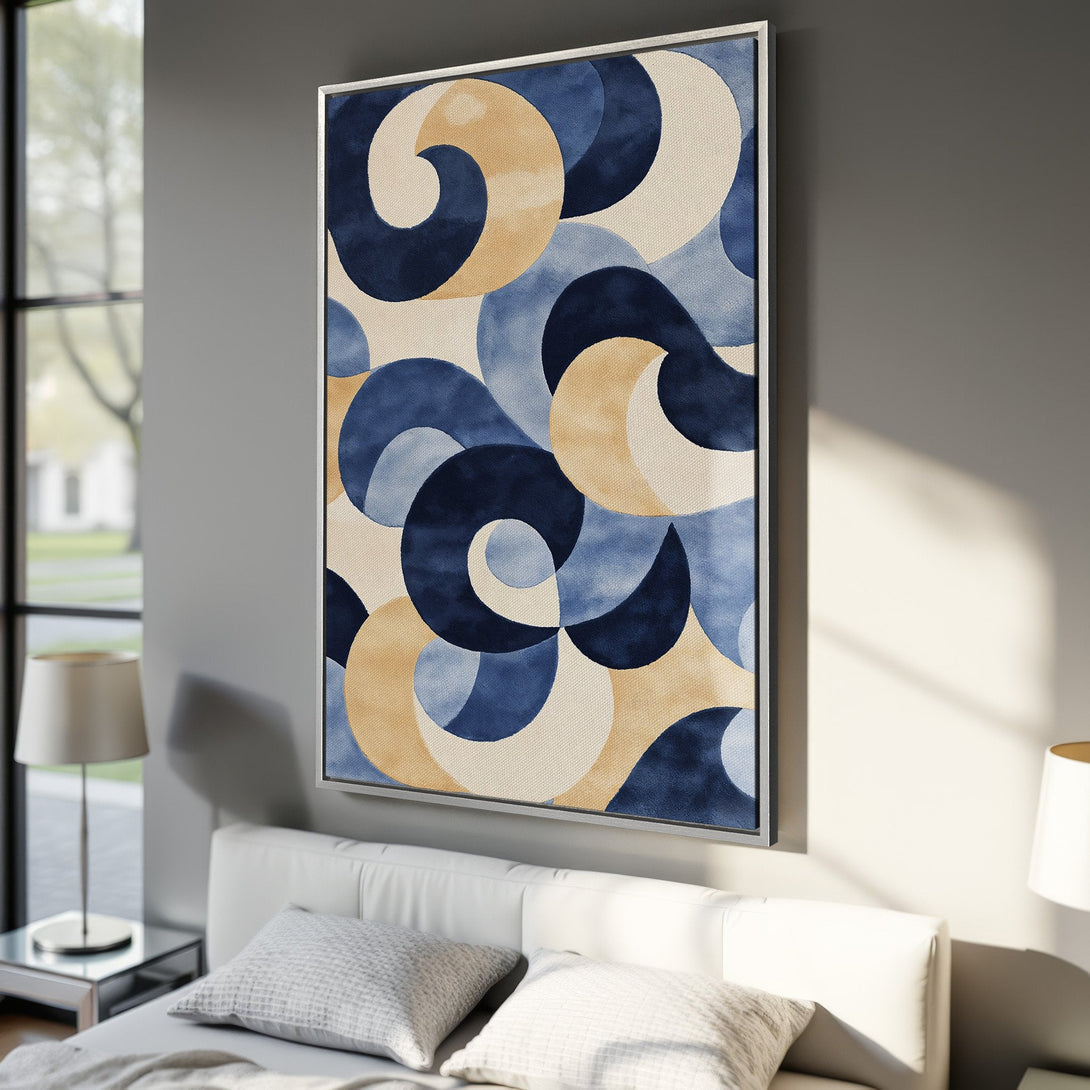 Framed Wall Art: Abstract geometric Canvas Print in blue, beige, and cream tones. Modern art for bedroom decor.