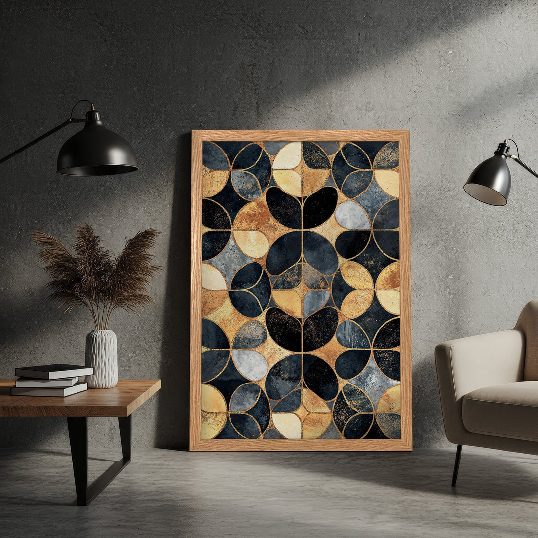 Framed Poster with abstract geometric design in navy, gold, and neutral tones. Modern art poster for home decor.