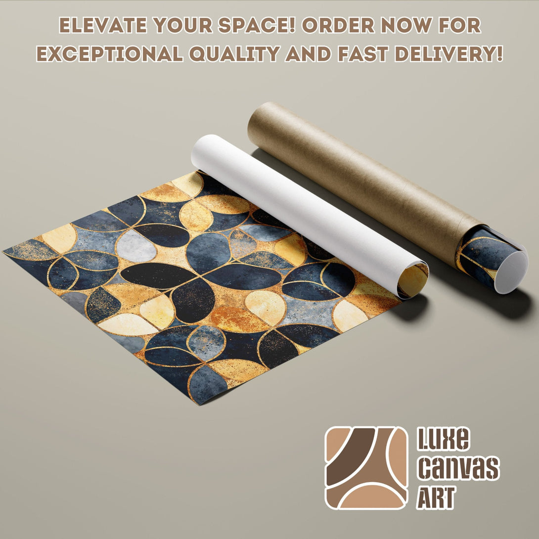 Abstract geometric Poster Roll in navy, gold, & beige. Elevate your space with exceptional quality art!