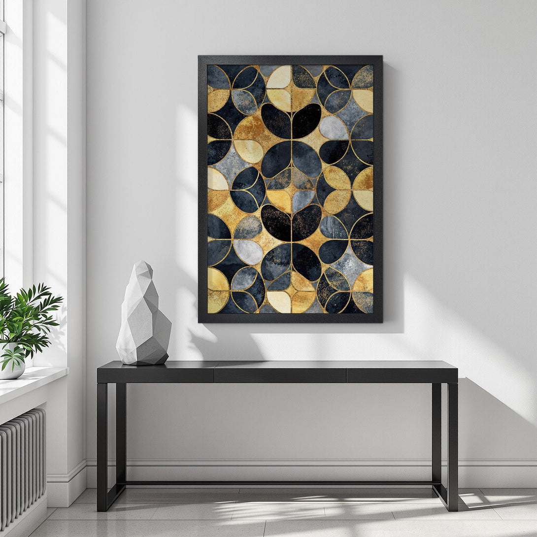 Framed Poster featuring a geometric abstract design in navy, gold, and gray. Modern art print for stylish home decor.