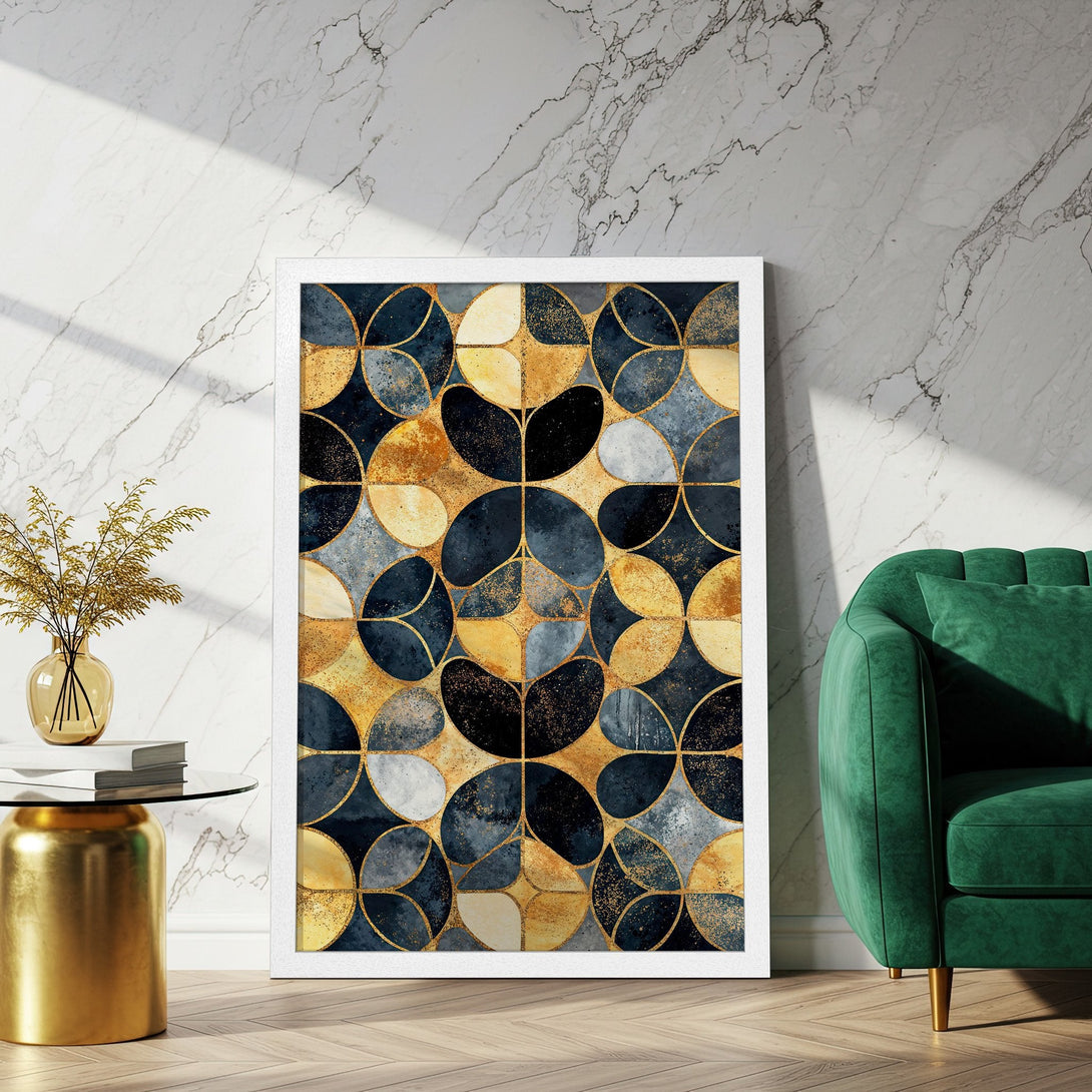 Framed Poster featuring abstract geometric design in navy, gold, and white. Modern art print for stylish home decor.