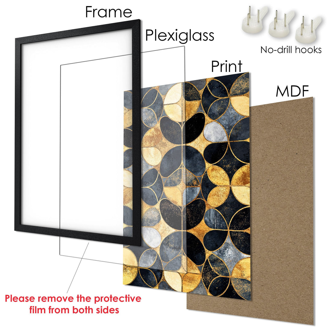 Framed Poster featuring a modern geometric design in gold, black, and gray. Perfect wall art for any space!