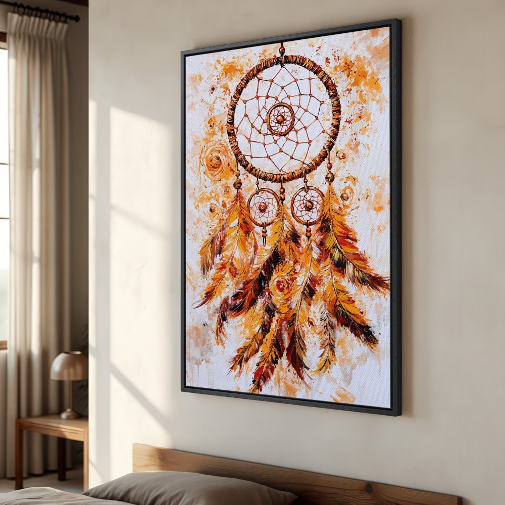 Framed Wall Art: Dreamcatcher painting in warm orange and brown tones. Add bohemian style to your home with this beautiful canvas print.
