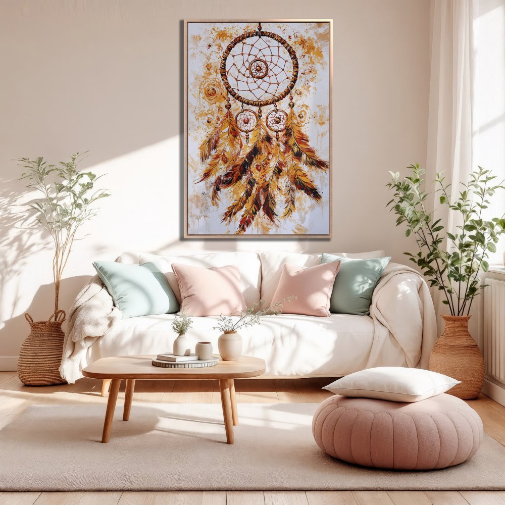 Framed Wall Art: Dreamcatcher painting with warm gold & brown tones. Perfect for boho decor & adding a touch of art to your living room!