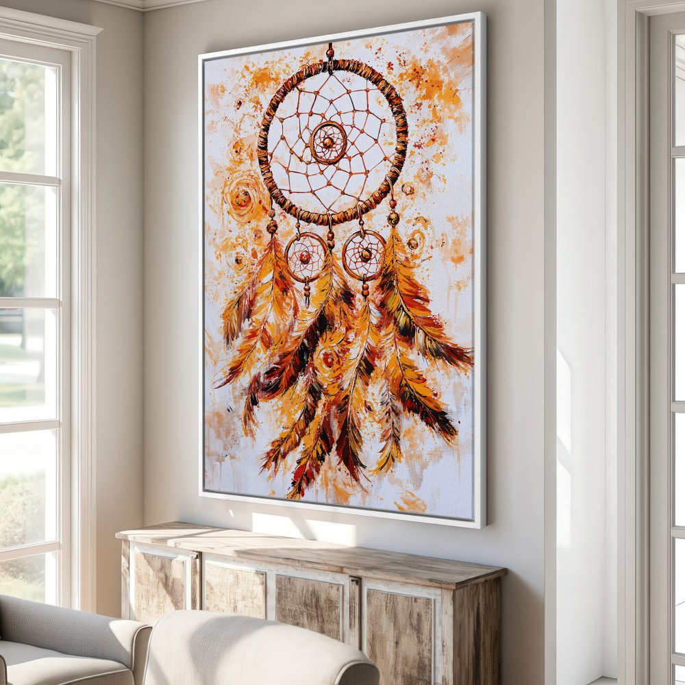 Framed Wall Art: Dreamcatcher painting in warm orange and brown tones. Add bohemian style to your home with this stunning canvas print.