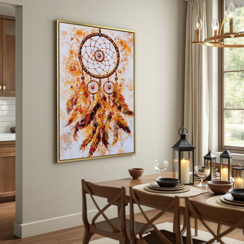 Canvas Print of a dreamcatcher in warm orange and brown tones, perfect for boho home decor.