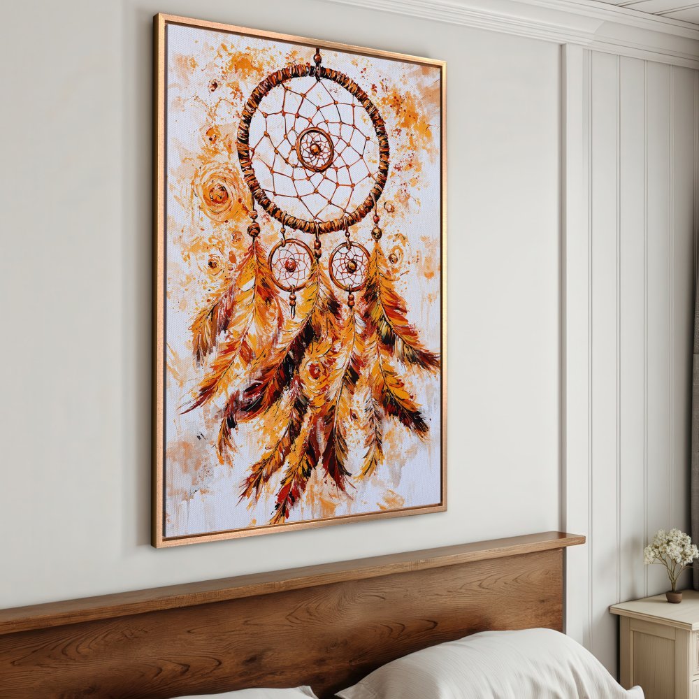 Framed Wall Art: Dreamcatcher canvas print in warm orange and brown tones, perfect for boho decor. Add a touch of art to your space!