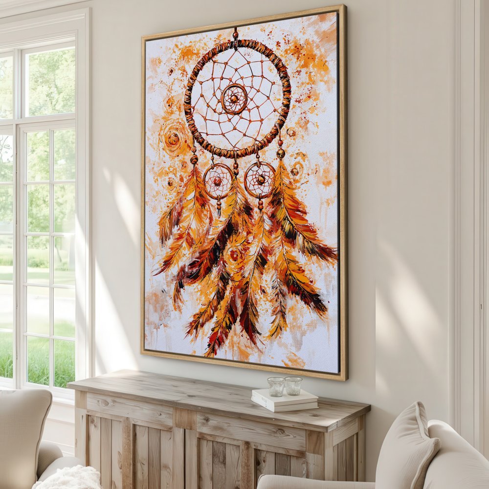Framed Wall Art: Dreamcatcher painting in warm orange tones. Abstract style Canvas Print adds bohemian flair to any space.