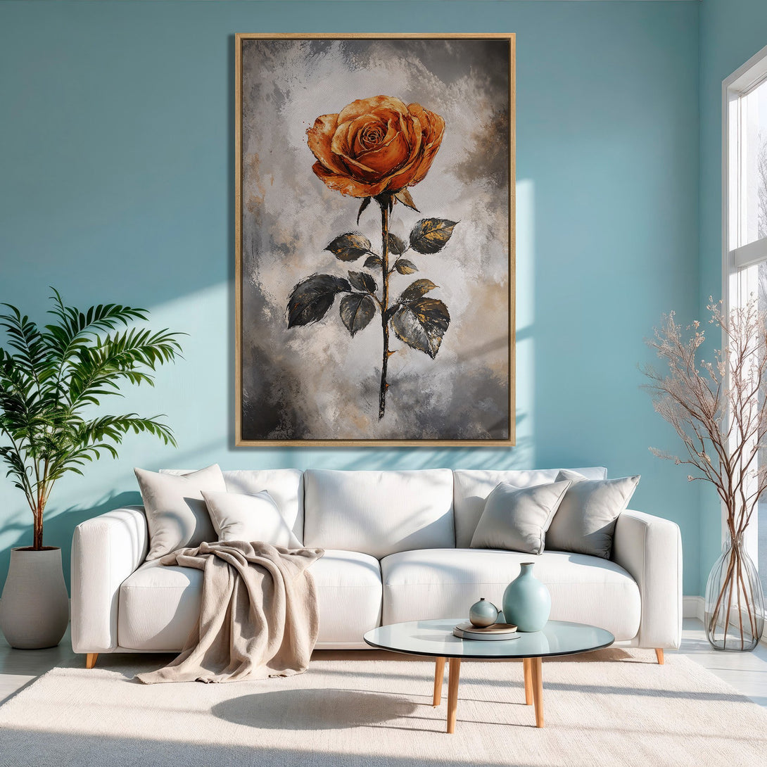 Framed Wall Art: Orange rose painting in a modern interior. Featuring a warm, earthy color palette. Perfect for adding a touch of elegance to your home!