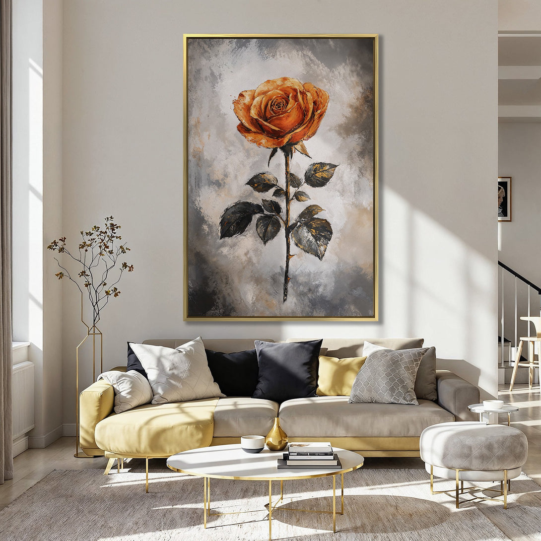 Canvas Print of a large orange rose in a painterly style, set against a neutral background. Beautiful floral wall art with a warm, inviting color palette.