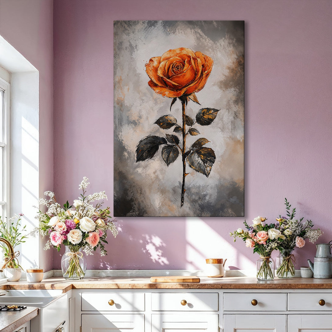 Framed Wall Art: Elegant rose painting in warm orange & gray tones. Modern floral canvas print perfect for living room decor. Shop now!