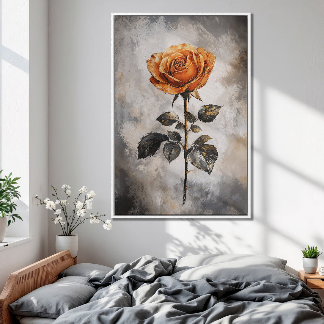Framed Wall Art: Stunning orange rose painting in neutral tones. Perfect bedroom decor. Add a touch of elegance with this beautiful Canvas Print.