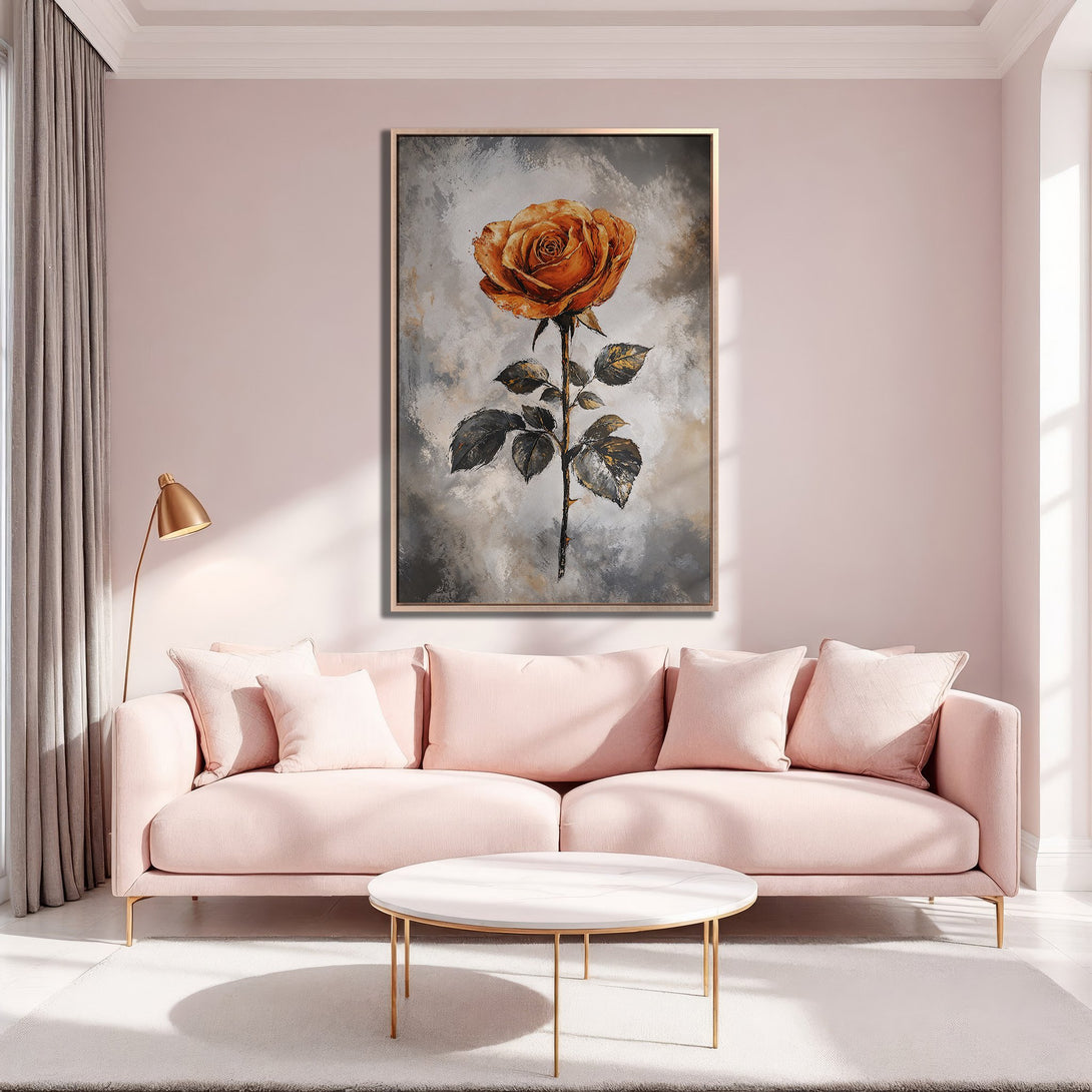 Framed Wall Art featuring a stunning orange rose on a gray background. Adds a touch of elegance with its warm color palette to any interior space.