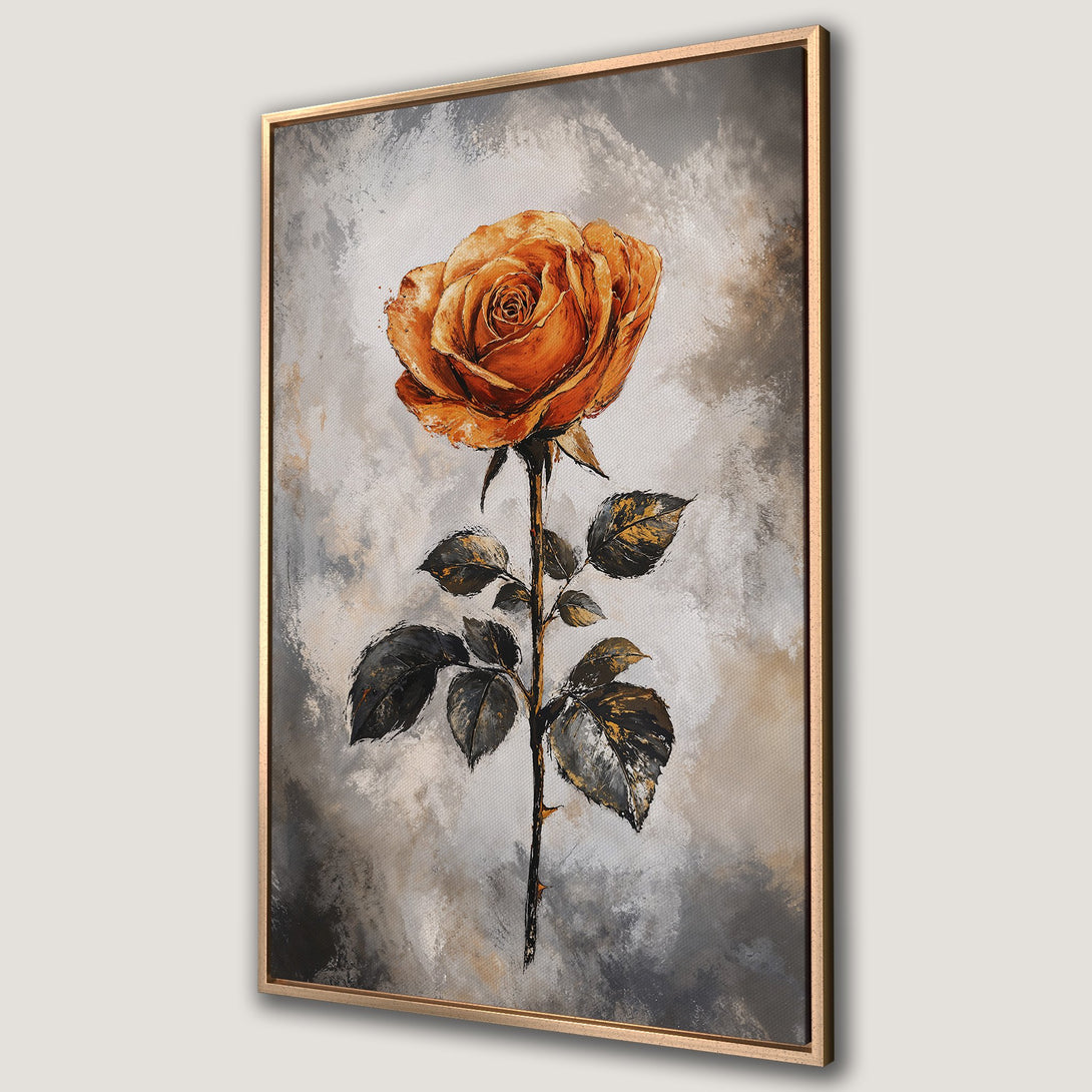 Framed Wall Art: Stunning rose painting in warm orange and grey tones. Perfect for adding elegance to any room. Shop our canvas print collection today!