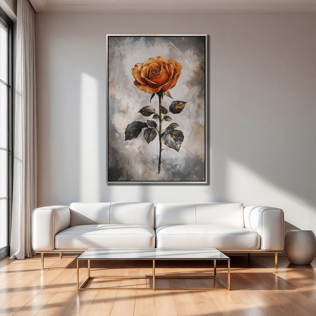 Framed Wall Art: Stunning abstract rose canvas print in warm orange and gray tones. Perfect for modern living room decor.
