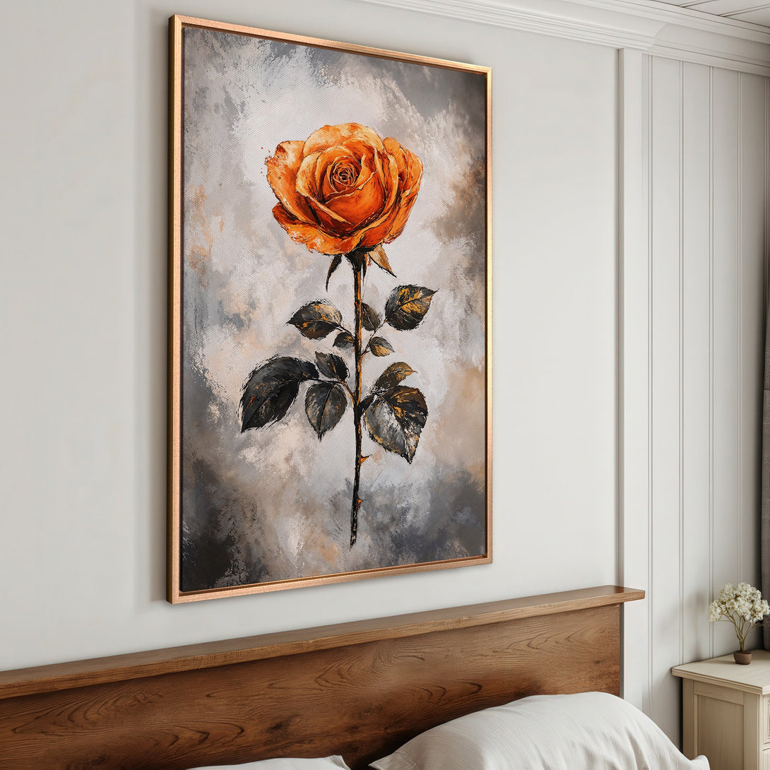 Framed Wall Art featuring a vibrant orange rose painting. Modern abstract style with a neutral gray and brown color palette. Perfect for home decor.