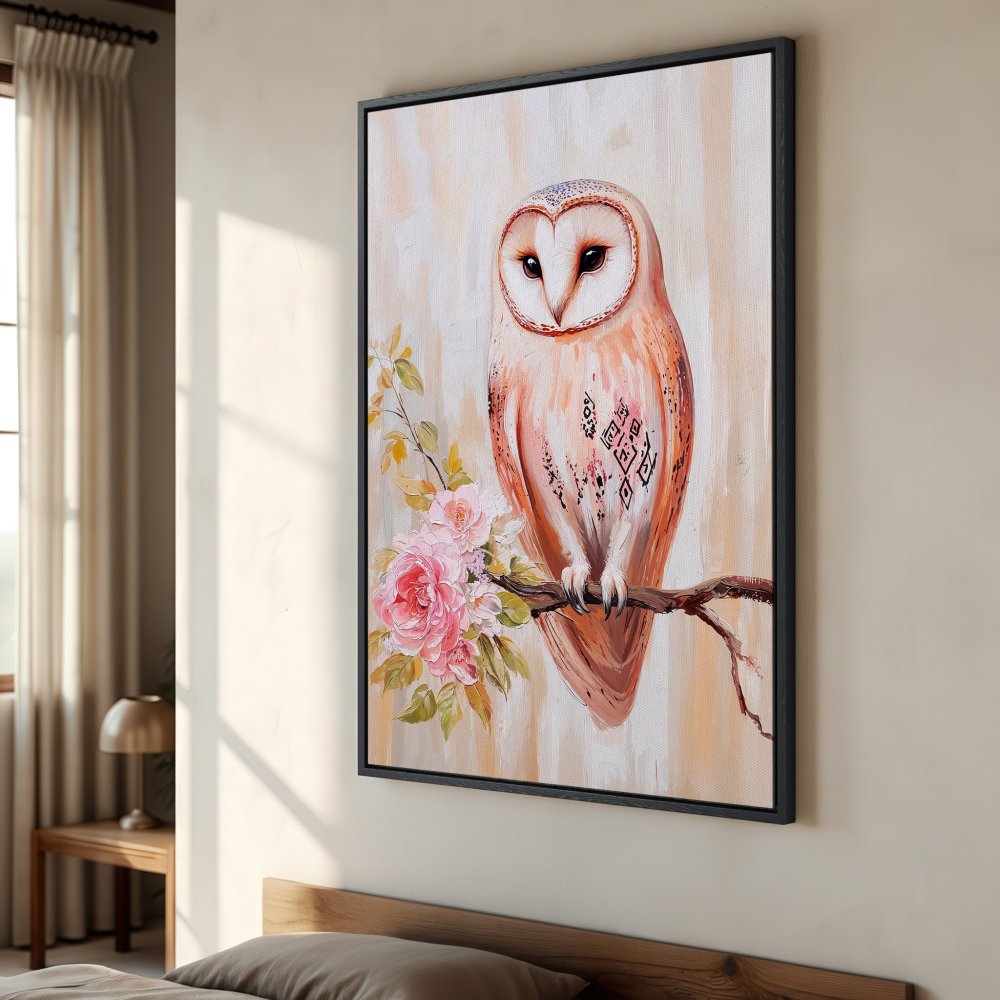 Framed Wall Art: Owl painting with pink flowers, warm peach and cream color palette, perfect for bedroom decor.