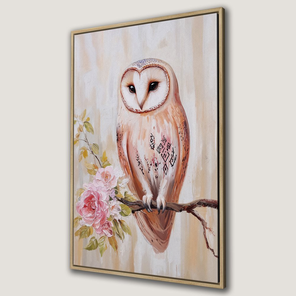 Framed Wall Art: Owl painting with pink flowers, neutral tones. Add a touch of nature & elegance to your home decor!