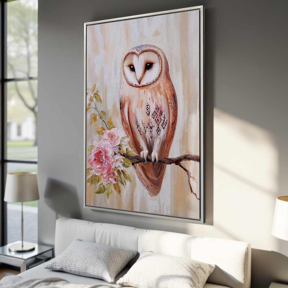 Framed Wall Art: Owl painting with pink flowers, warm neutral tones. Add a touch of nature & elegance to your space!