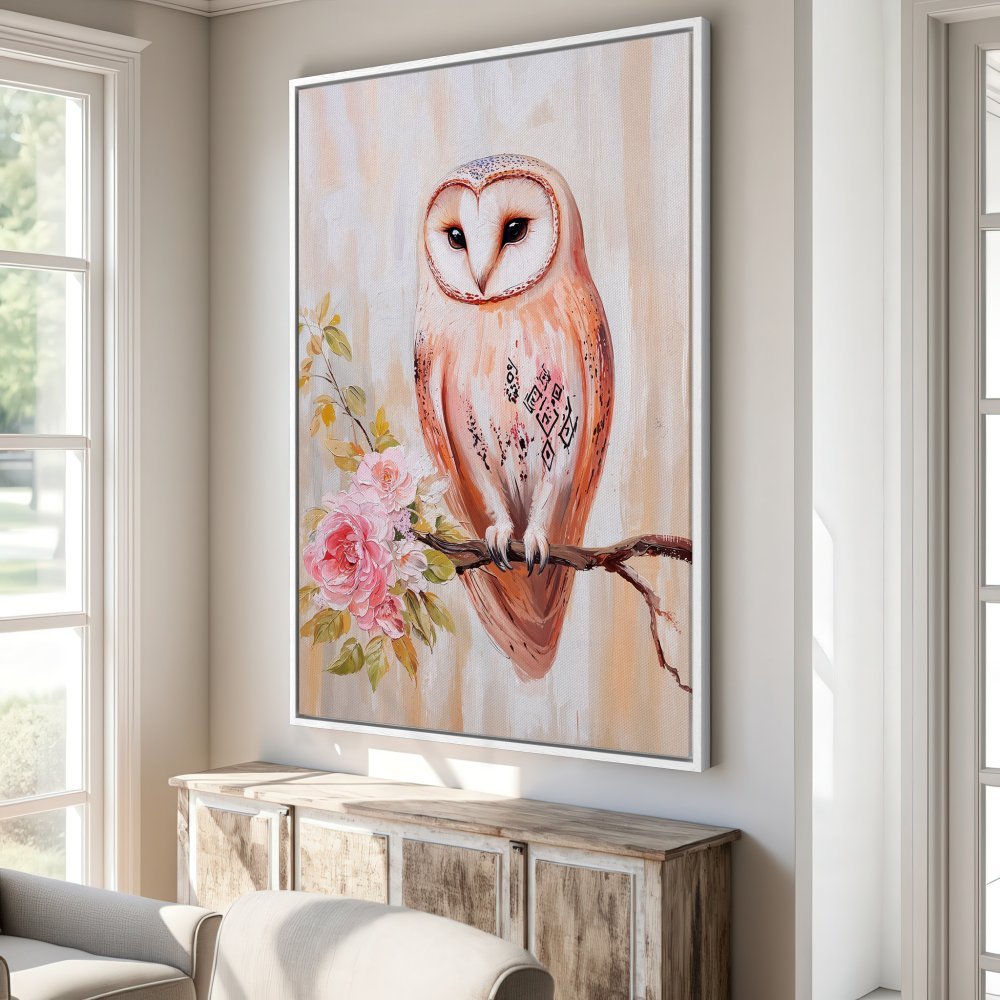 Framed Wall Art: Elegant owl painting in warm peach and pink tones. Perfect for adding a touch of nature and style to your home decor.