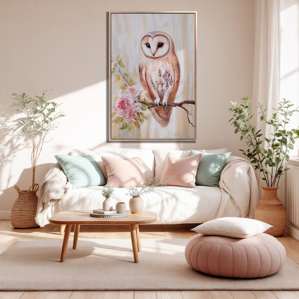 Framed Wall Art: Owl painting in neutral tones. Boho style canvas print adds warmth and style to any living room.