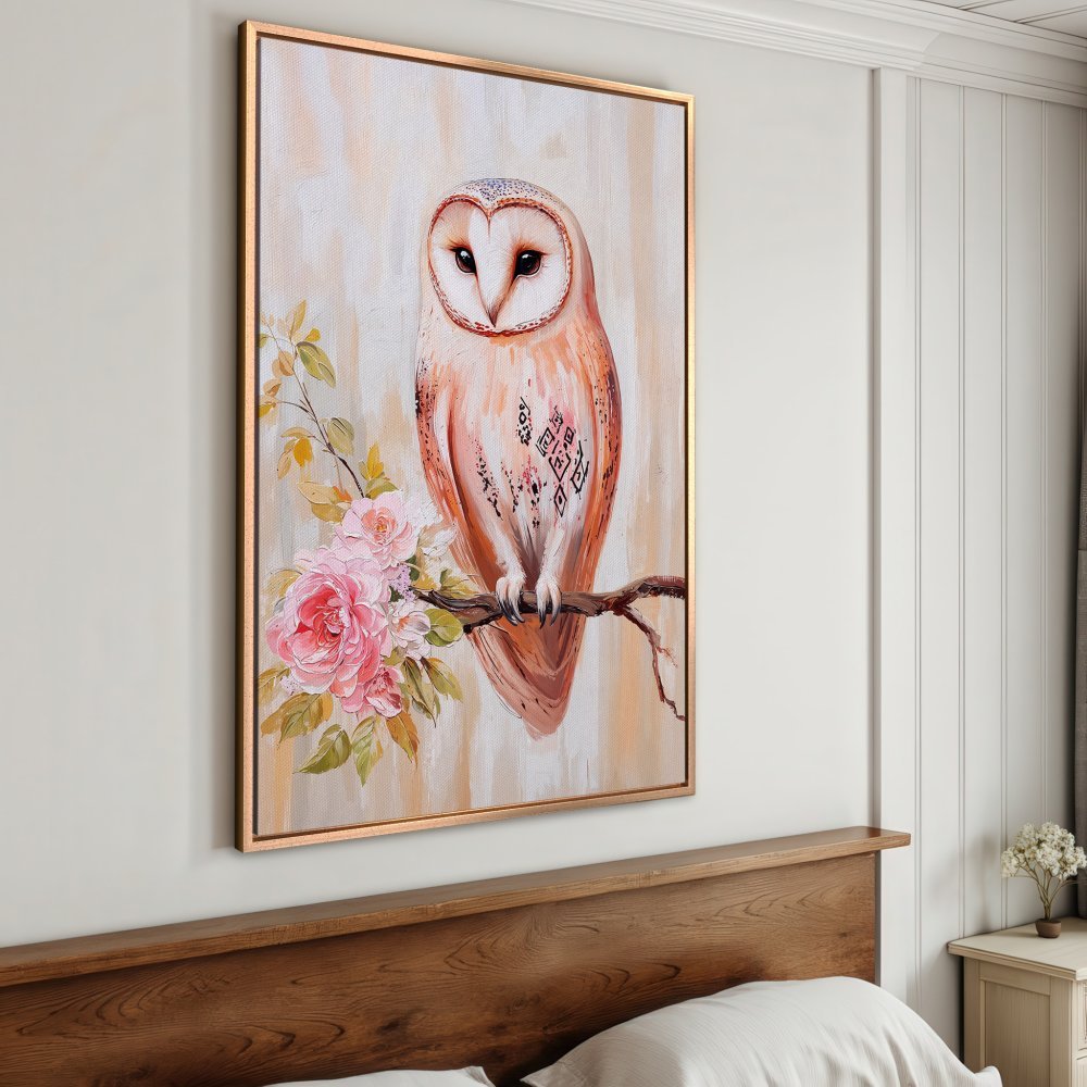 Framed Wall Art: Elegant owl canvas print with pink floral accents. Soft, warm color palette perfect for bedroom decor.
