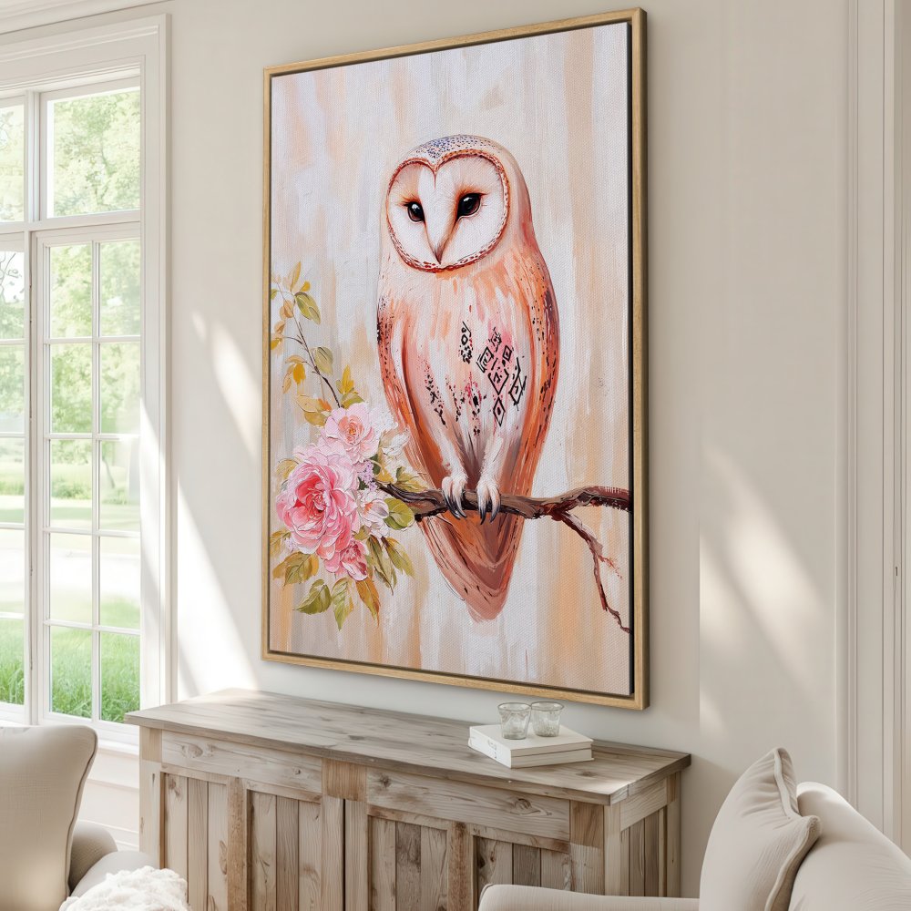 Framed Wall Art: Beautiful owl painting with floral accents. Warm peach and pink color palette. Perfect for adding charm to your home decor.