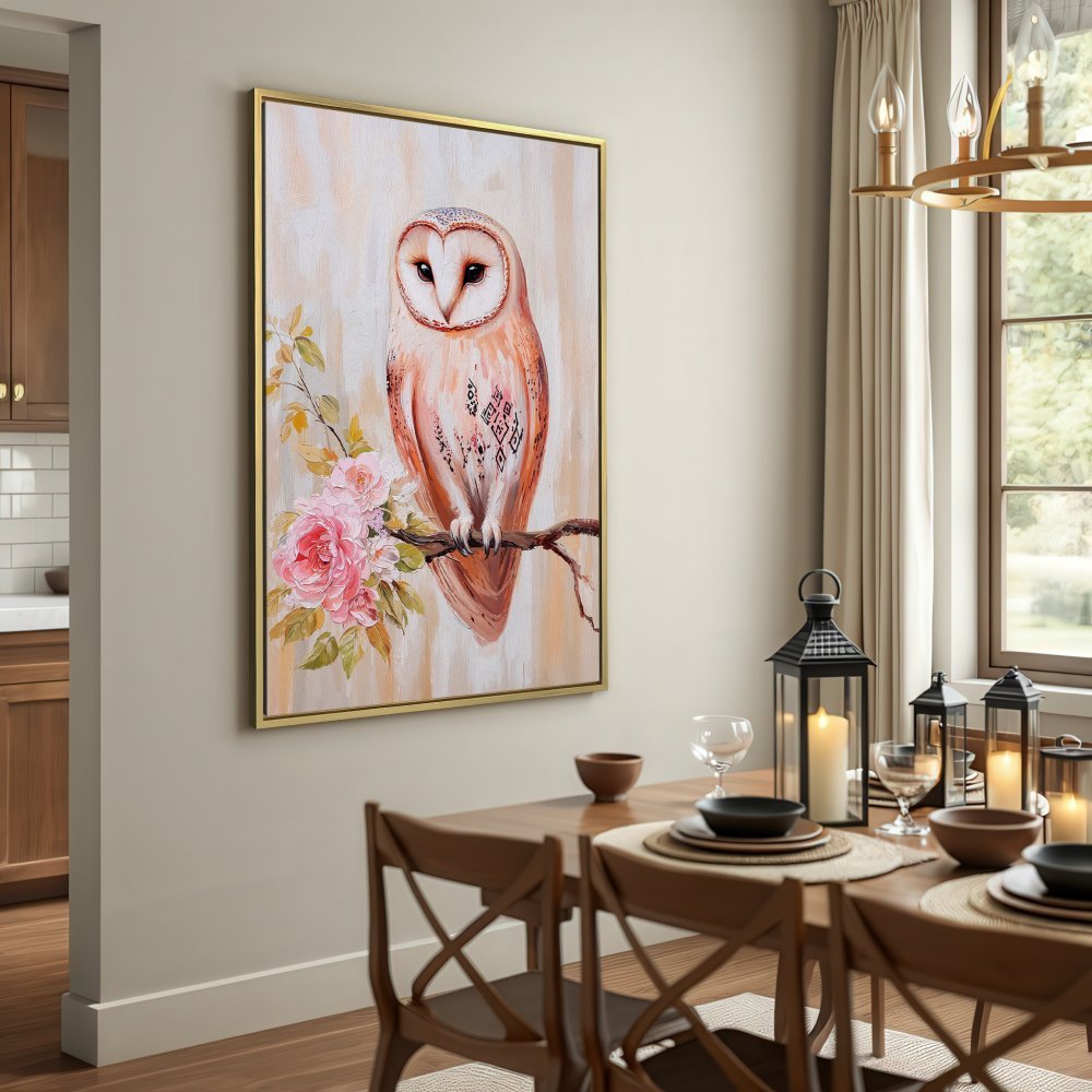 Canvas Print featuring a charming owl painting in soft pink and beige hues. Perfect wall art for a cozy, stylish home.