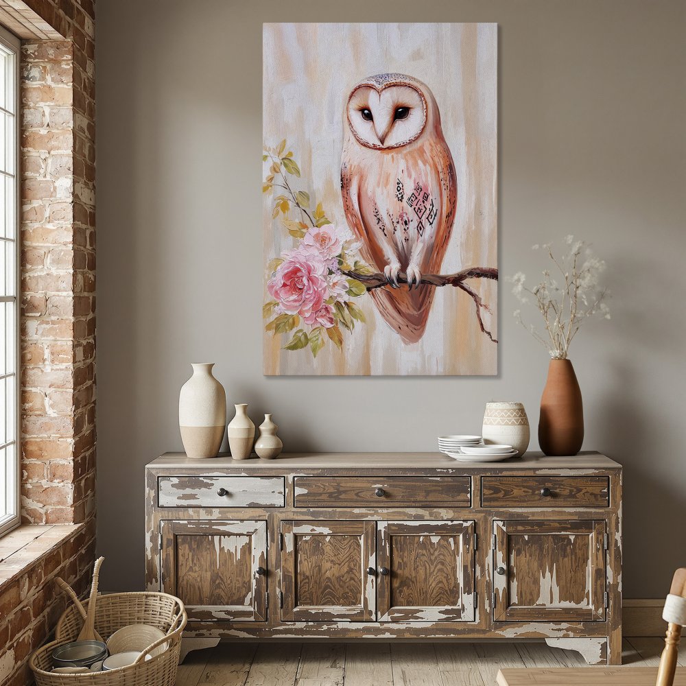 Framed Wall Art: Owl painting with pink roses, warm peach & beige tones. Perfect for adding a touch of nature-inspired elegance to your home decor.
