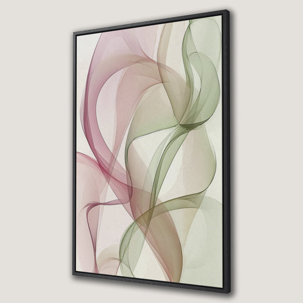Framed Wall Art featuring abstract flowing lines in a soft pink, green, and neutral color palette. Perfect for adding a touch of modern art to your home.