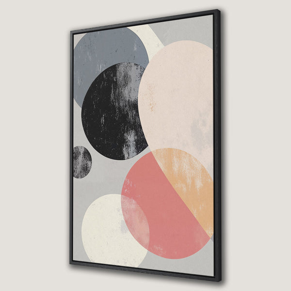 Framed Wall Art featuring an abstract geometric design with overlapping circles in muted pink, gray, and black. Modern art for your home decor.