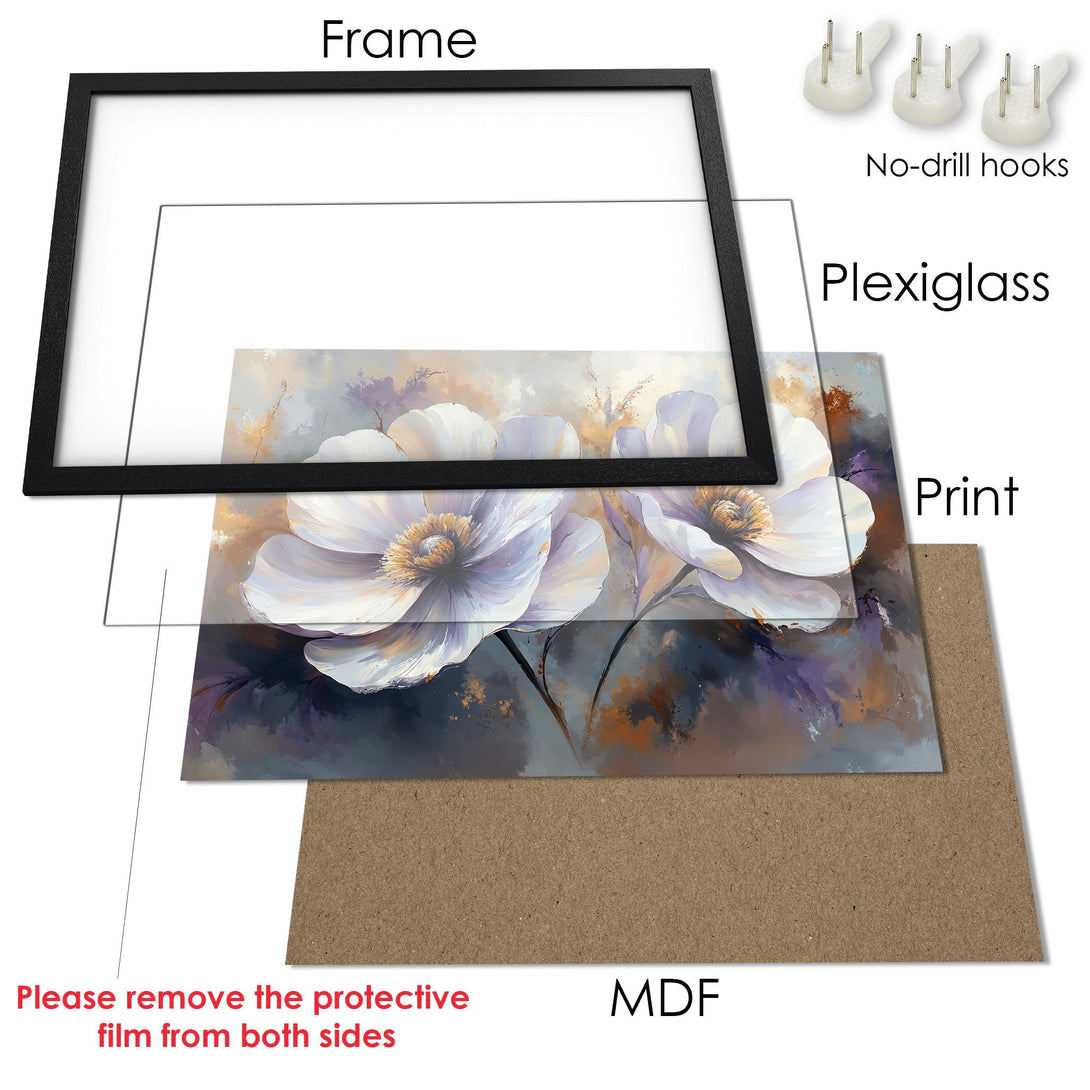 Framed Poster featuring elegant white flower art in a soft, pastel color palette. Perfect wall decor!