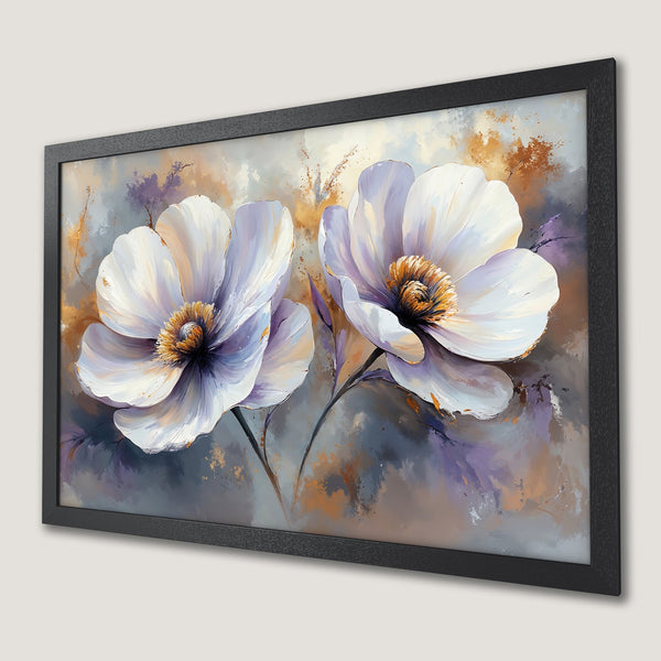 Framed Poster featuring elegant white flower art in a painterly style with a soft, muted color palette of white, gray, gold, and purple.