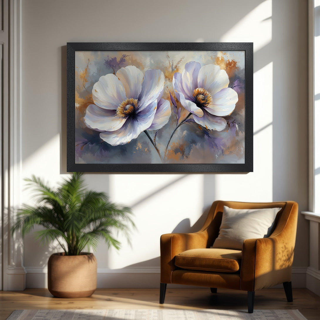 Framed Poster featuring elegant white floral art in a soft, painterly style with a serene purple, gold, and grey color palette. Perfect wall decor!