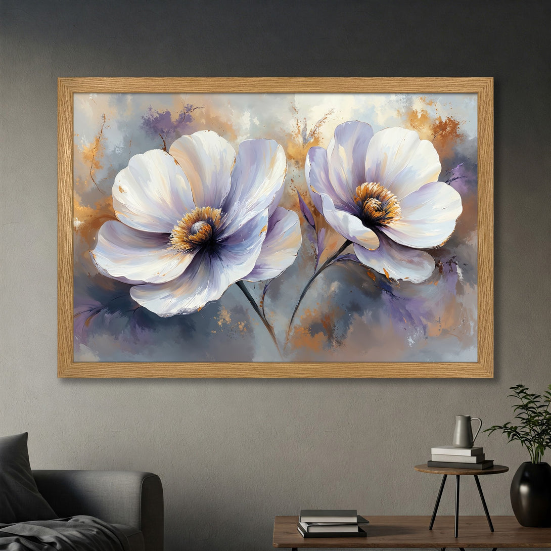 Framed Poster featuring abstract floral art in white, purple, and gold hues, perfect for modern home decor.