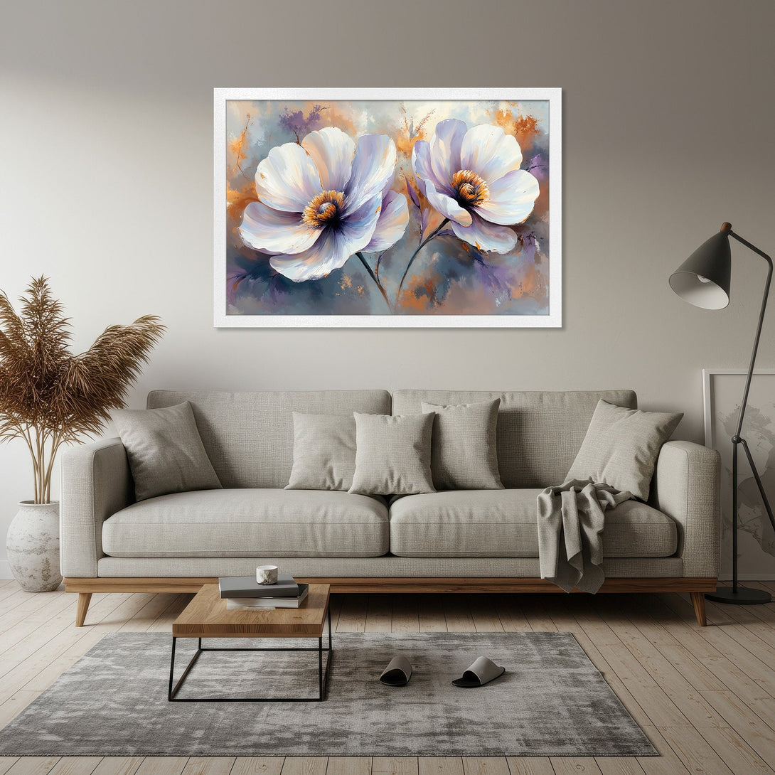 Framed Poster of white floral art with a soft, watercolor style and a muted, warm color palette. Perfect for home decor!